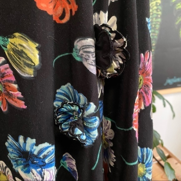 Anthropologie Moulinette Soeurs Black Floral Print Green Belt Sleeveless Dress - Picture 6 of 15